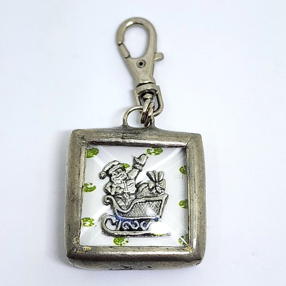 Rare Vintage Christmas Santa Ornament Two Sided Glass Pewter Swivel Clip Charm